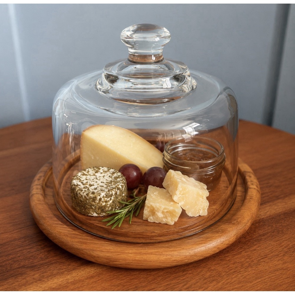 Vintage Domed Glass Cloche Cheese Board 8" Genuine Teak Wood Dolphin Charcuterie